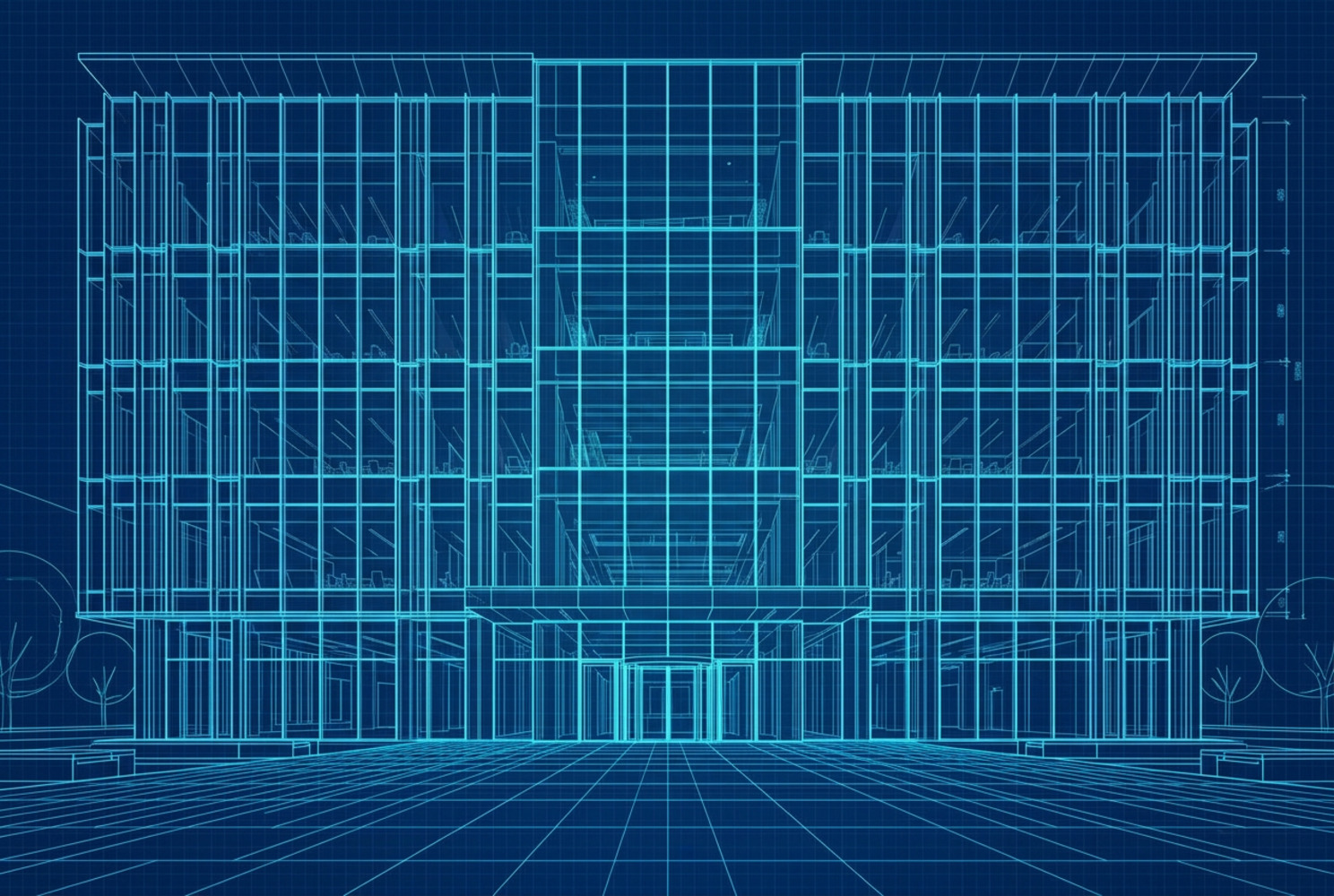 Glowing CAD blueprint elevation of a six-storey corporate building