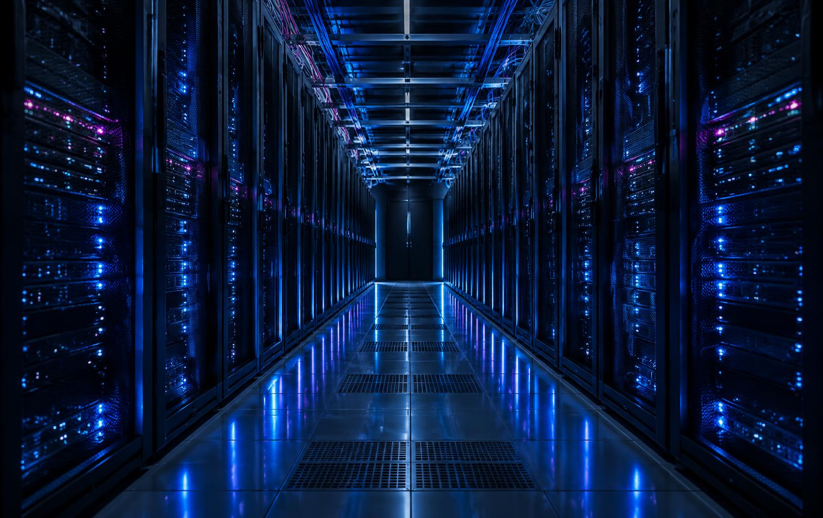 Cold aisle of a Tier-III data center with blue-lit server racks