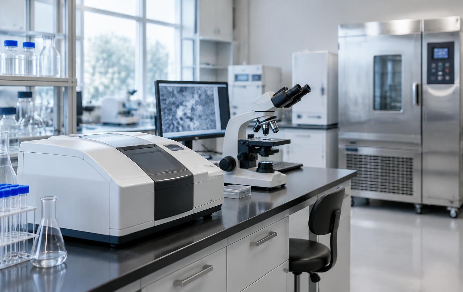 Modern testing laboratory with spectrophotometer and digital microscope